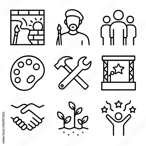 Arts & Revitalization Icons. Outline icon set of arts and neighborhood revitalization: mural, artist,