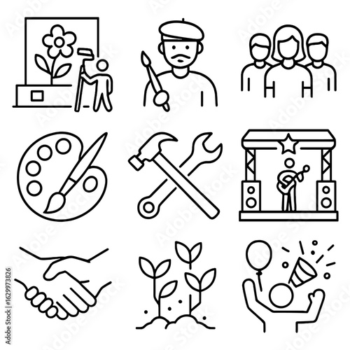 Arts & Revitalization Icons. Outline icon set of arts and neighborhood revitalization: mural, artist,