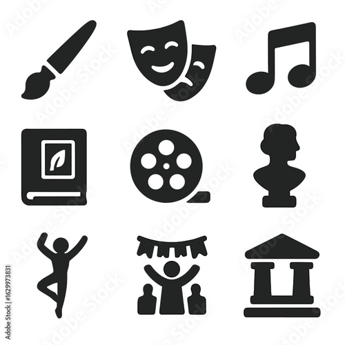 Arts and Culture Icons. Solid, filled icons set of arts and culture icons: paintbrush, theater mask, musical