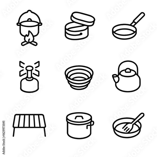 Camping Cookware Icons. Outline icon set of camping cookware: campfire pot, mess kit, folding pan, portable stove, collapsible