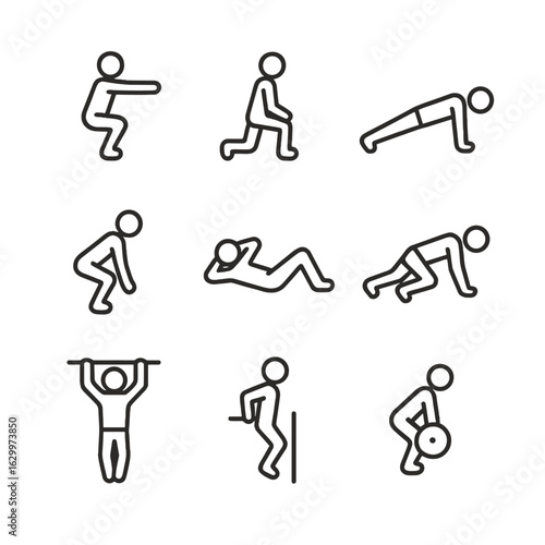 Body Movement Icons. Outline icon set of body movements: squat, lunge, plank, burpee, crunch, mountain climber, pull-up, dip,