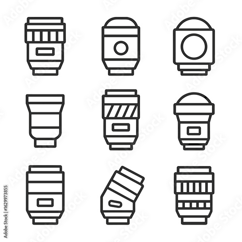Camera Lens Icon Set. Outline icon set of lens types in camera bags: zoom lens, prime lens, macro lens, wide-angle lens, telephoto