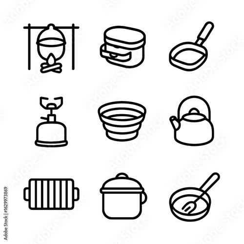 Camping Cookware Icons. Outline icon set of camping cookware: campfire pot, mess kit, folding pan, portable stove, collapsible