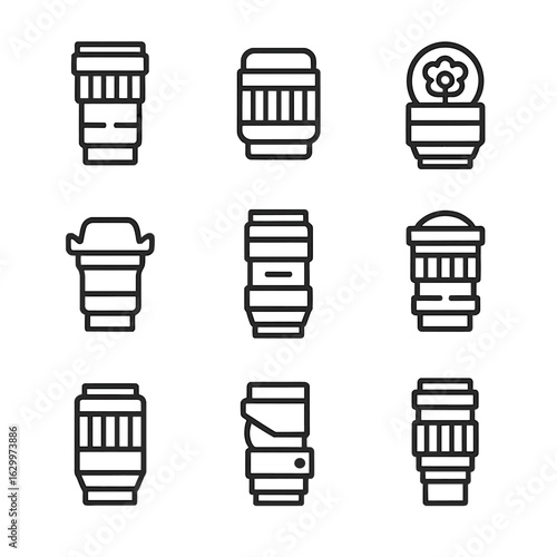 Camera Lens Icon Set. Outline icon set of lens types in camera bags: zoom lens, prime lens, macro lens, wide-angle lens, telephoto