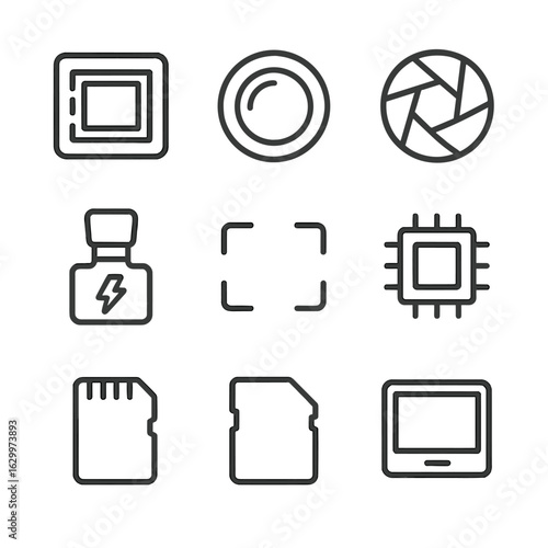 Camera Technology Icons. Outline icon set of capture related technology: sensor, lens, aperture, shutter, flash, viewfinder,