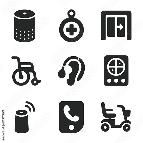 Assistive Technology Icons. Solid, filled icons set of Technology for independent living: smart home assistant
