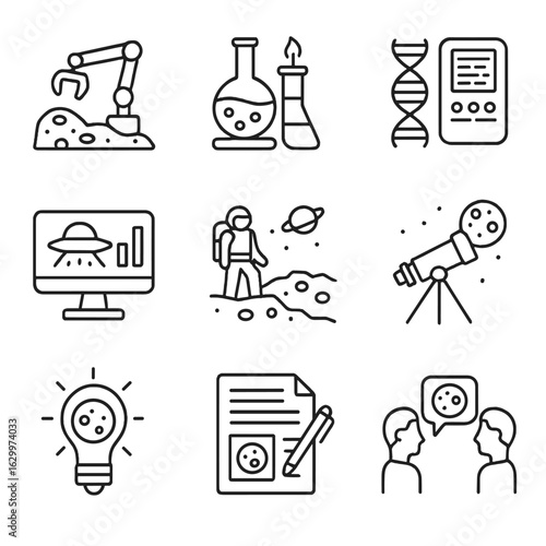 Astrobiology Research Icons. Outline icon set of astrobiology research phases: sample collection, lab testing,