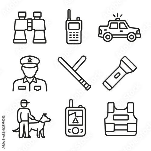 Border Patrol Equipment Icons. Outline icon set of border patrol equipment: binoculars, radio, patrol vehicle, uniform, baton,