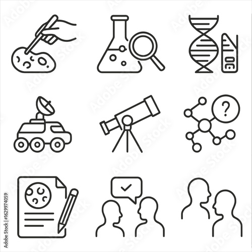Astrobiology Research Icons. Outline icon set of astrobiology research phases: sample collection, lab testing,