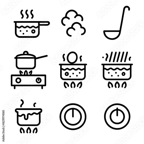Boiling Point Icons. Outline icon set of cooking boiling point: saucepan, boiling water, steam clouds, ladle, kitchen stove, egg