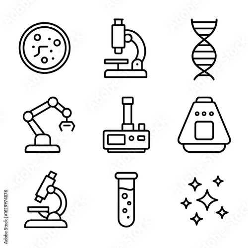 Astrobiology Tools Icons. Outline icon set of astrobiology tools: petri dish, electron microscope, DNA double