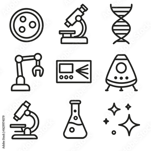 Astrobiology Tools Icons. Outline icon set of astrobiology tools: petri dish, electron microscope, DNA double