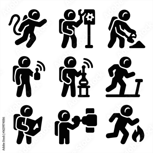 Astronaut Activity Icons. Solid, filled icons set of astronaut activities: spacewalk, equipment repair, sample