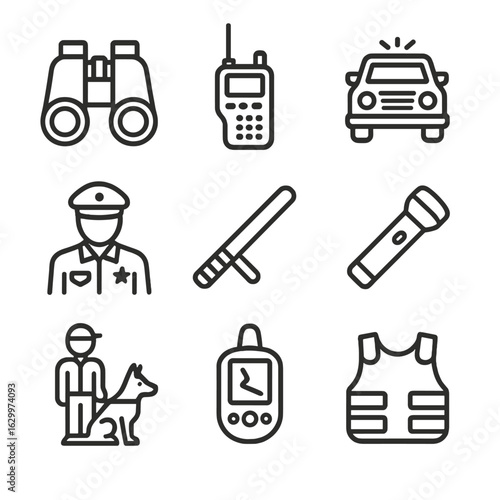 Border Patrol Equipment Icons. Outline icon set of border patrol equipment: binoculars, radio, patrol vehicle, uniform, baton,