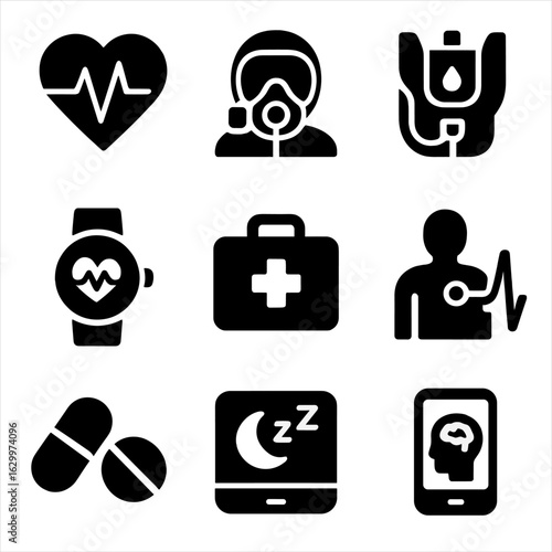 Astronaut Health Icons. Solid, filled icons set of astronaut health monitoring: heart rate monitor, oxygen