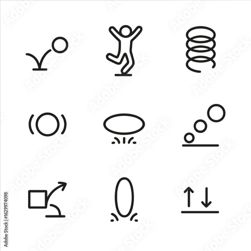 Bounce Effect Icons. Outline icon set of animation bounce effects: bouncing ball, jumping character, spring motion, recoil effect,
