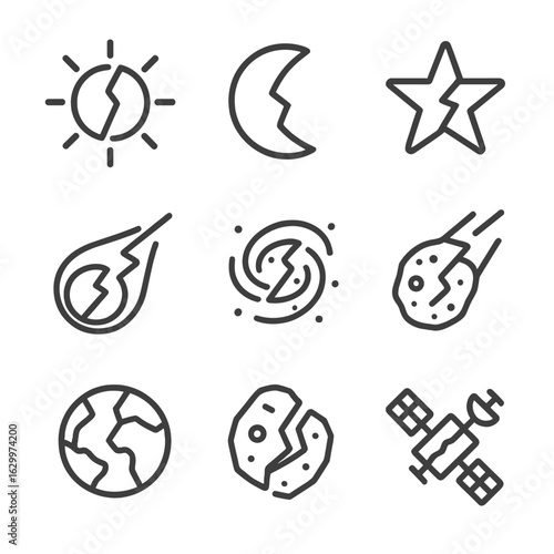 Celestial Fracture Icons. Outline icon set of schism celestial: divided sun, broken moon, fractured star, parted comet, shattered