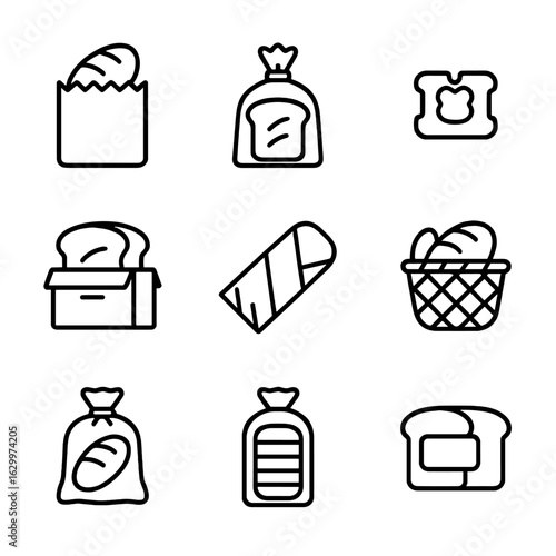 Bread Packaging Icons. Outline icon set of bread packaging: paper bag, plastic bread bag, bread clip, bakery box, wrapping paper,