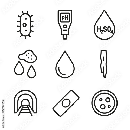 Acidophiles Icon Set. Outline icon set of acidophiles in acidic mine drainage: acidophilic bacterium, pH meter, sulfuric acid drop