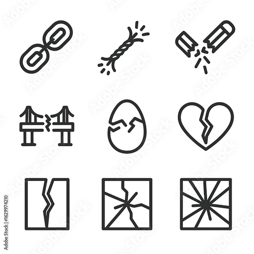 Icons of Breakage. Outline icon set of severance and endings: broken chain, cut rope, snapped cable, snapped pencil, broken bridge