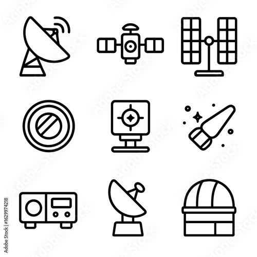 Astronomy Technology Icons. Outline icon set of astronomical technology: radio telescope, satellite, solar