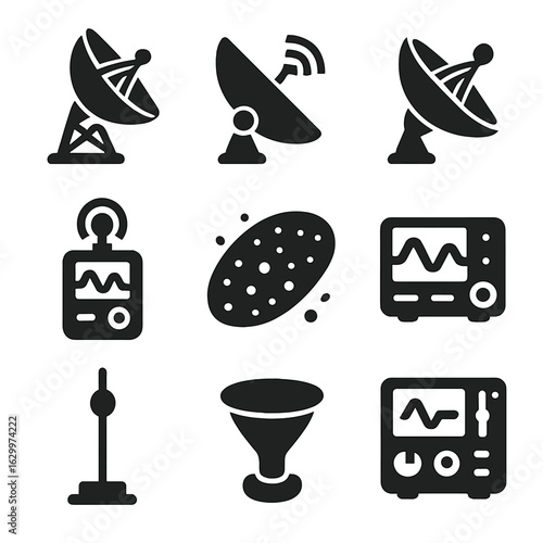 Astronomical Equipment Icons. Solid, filled icons set of astronomical communication equipment: radio telescope
