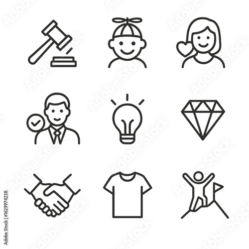 Brand Tone Icons. Outline icon set of tone in branding: authoritative, playful, friendly, professional, innovative, luxurious,