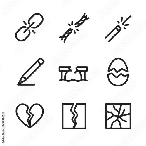 Icons of Breakage. Outline icon set of severance and endings: broken chain, cut rope, snapped cable, snapped pencil, broken bridge