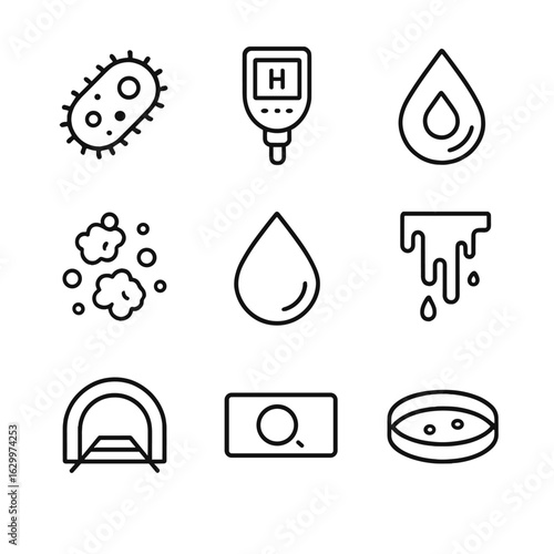 Acidophiles Icon Set. Outline icon set of acidophiles in acidic mine drainage: acidophilic bacterium, pH meter, sulfuric acid drop