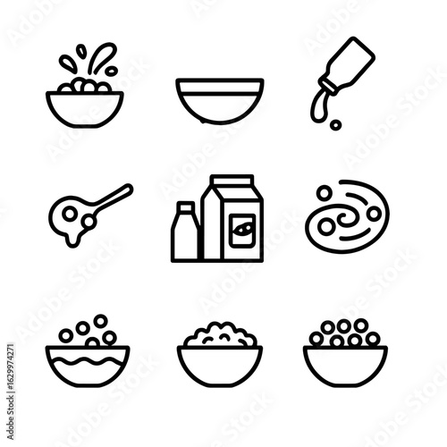 Cereal Milk Icon Grid. Outline icon set of cereal and milk combinations: cereal with splash of milk, bowl with half-filled milk,