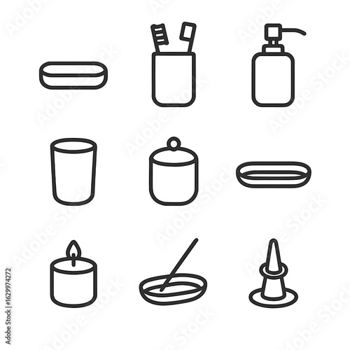 Ceramic Bath Icon Set. Outline icon set of ceramic bathroom accessories: soap dish, toothbrush holder, lotion dispenser, tumbler,