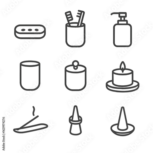 Ceramic Bath Icon Set. Outline icon set of ceramic bathroom accessories: soap dish, toothbrush holder, lotion dispenser, tumbler,