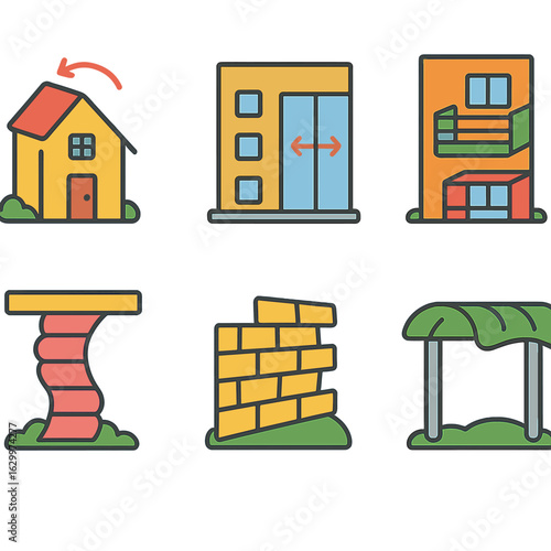 Adaptive Architecture Icons. Flat vector mini-illustrations of adaptive architectural designs for future cities in colors children