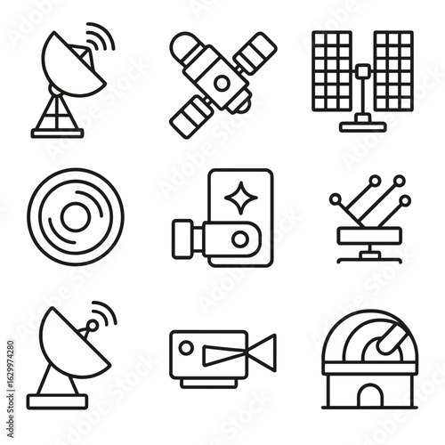 Astronomy Technology Icons. Outline icon set of astronomical technology: radio telescope, satellite, solar