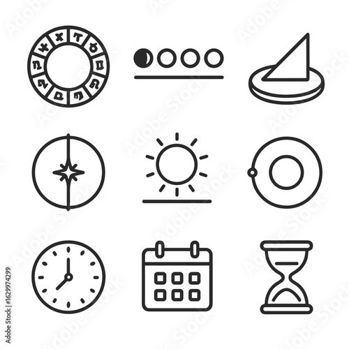 Celestial Time Icons. Outline icon set of celestial time and cycles: zodiac wheel, moon phases, sun dial, equinox, solstice,