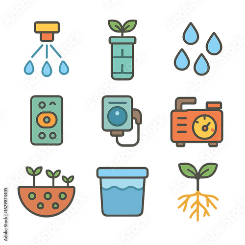 Aeroponic Icons Grid. Flat vector mini-illustrations aeroponic misting towers in colors children's illustrations: spray nozzle,