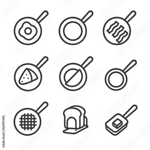 Breakfast Pan Icons. Outline icon set of breakfast pans: egg pan, pancake pan, bacon pan, crepe pan, omelette pan, mini skillet,