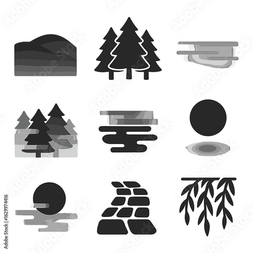 Atmospheric Fog Walk Icons. Solid, filled icons set of atmospheric scenery during fog walks: covered hills,