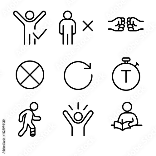 Challenge Result Icons. Outline icon set of challenge results: success, failure, draw, disqualification, restart, timeout, injury,