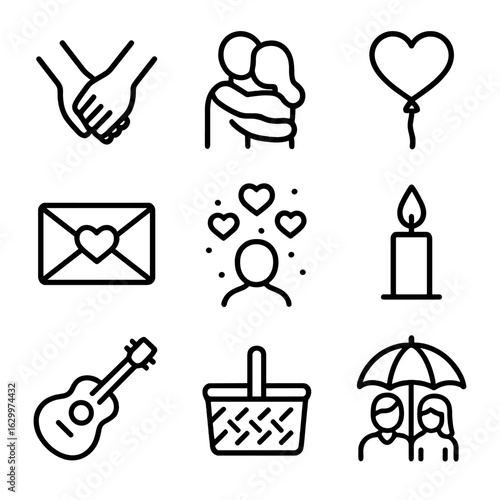 Affection Icon Set. Outline icon set of expressions of affection: holding hands silhouette, embracing couple, heart-shaped balloon