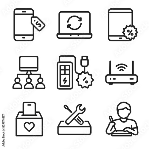 Affordable Device Icons. Outline icon set of affordable access devices: smartphone with budget tag, refurbished laptop, tablet