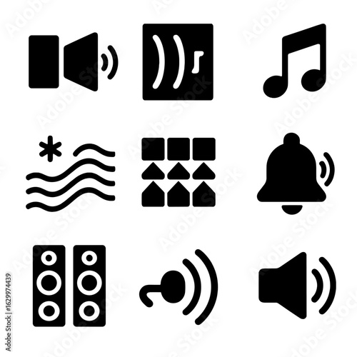 Auditory Design Icons. Solid, filled icons set of auditory design in spaces: directional speaker, echo