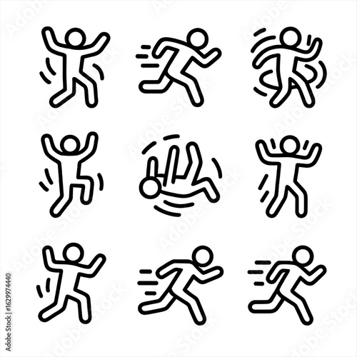 Chaos Movement Icons. Outline icon set of chaos movements: wild dance, frantic run, swirling twirl, chaotic leap, spinning fall,