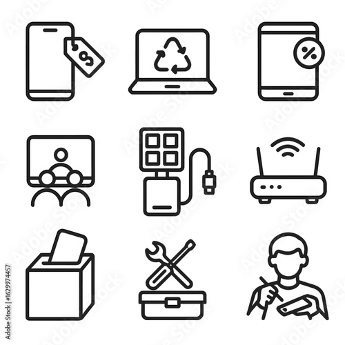Affordable Device Icons. Outline icon set of affordable access devices: smartphone with budget tag, refurbished laptop, tablet