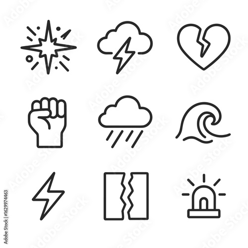 Icons of Chaos. Outline icon set of chaos within: exploding star, raging storm, shattered heart, clenched fist, storm cloud,