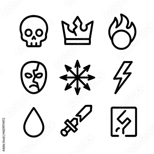 Chaos Symbols Icons. Outline icon set of chaos symbols: skull, broken crown, fireball, cracked mask, chaos star, lightning bolt,