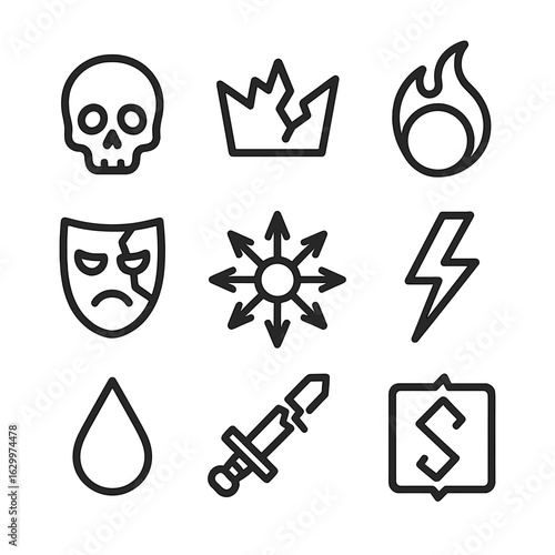 Chaos Symbols Icons. Outline icon set of chaos symbols: skull, broken crown, fireball, cracked mask, chaos star, lightning bolt,