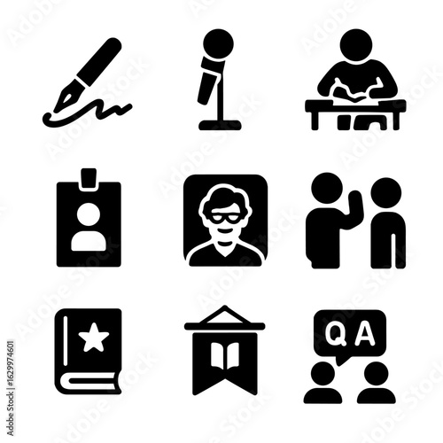 Author Event Icons. Solid, filled icons set of author features and guest visits: autograph icon, author