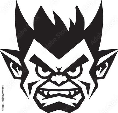 Menacing Vector Monster Head Illustration: A Fanged Creature Icon for Halloween, Horror, and Gothic Designs. Stylized Dark Character.