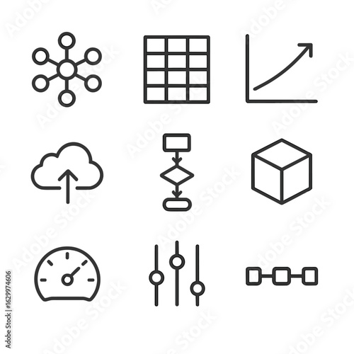AI Concept Icon Set. Outline icon set of AI and machine learning concepts: neural network node, dataset table, training graph,